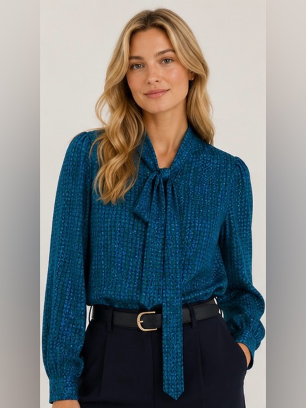 Teal Patterned Tie-Neck Blouse Jacket - Women